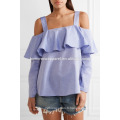 Bleu hors-la-épaule à manches longues en coton à volants blouse d&#39;été fabrication en gros de mode femmes vêtements (TA0029B)